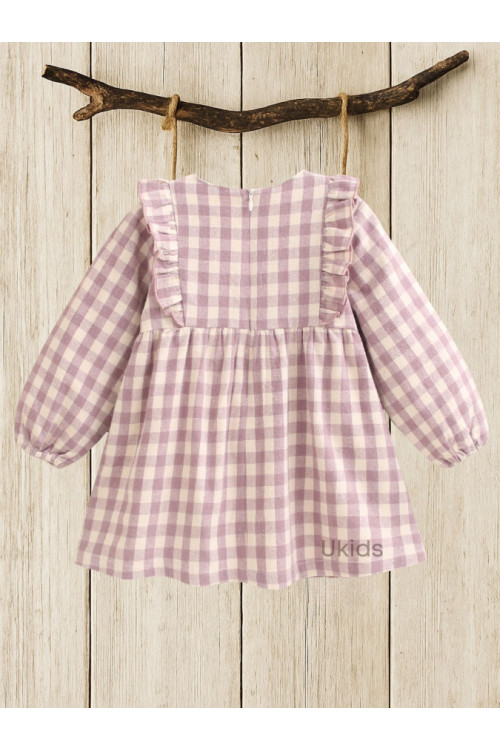 Vestido Bebé Cuadros Con Volante En Cuello. Malva