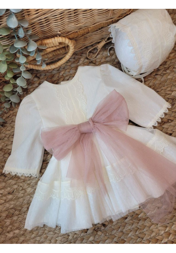 VESTIDO BAUTIZO TUL PLUMETI M/L FAJIN TUL ROSA CON CAPOTA bco roto y rosa x