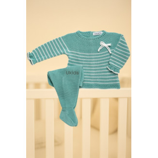 CONJUNTO 2.P LIN RAYADO CON CAPOTA  verde lago /blanco