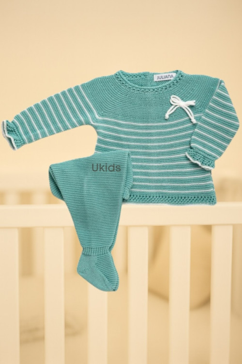 CONJUNTO 2.P LIN RAYADO CON CAPOTA  verde lago /blanco