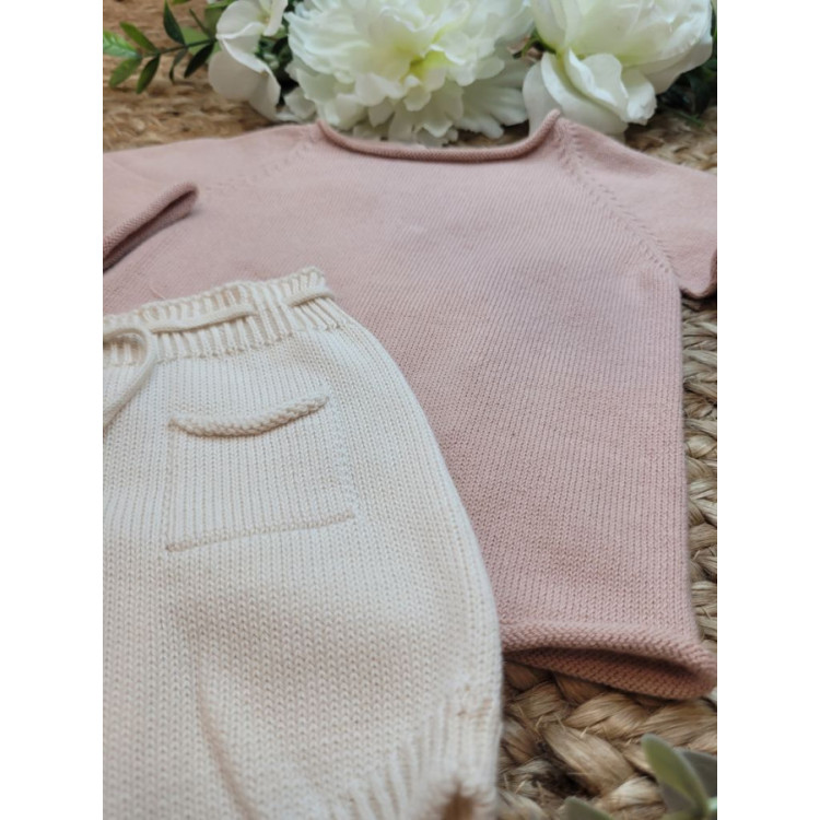 CONJUNTO JERSEY/CHAEQUETA BASICA ROSE CON CULETIN BOLISLLO CREAM rosa