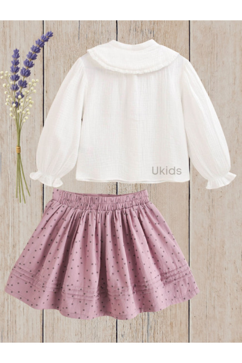 Conjunto Blusa Niña Muselina Blanca Cuello Volante. Falda Morada Morado