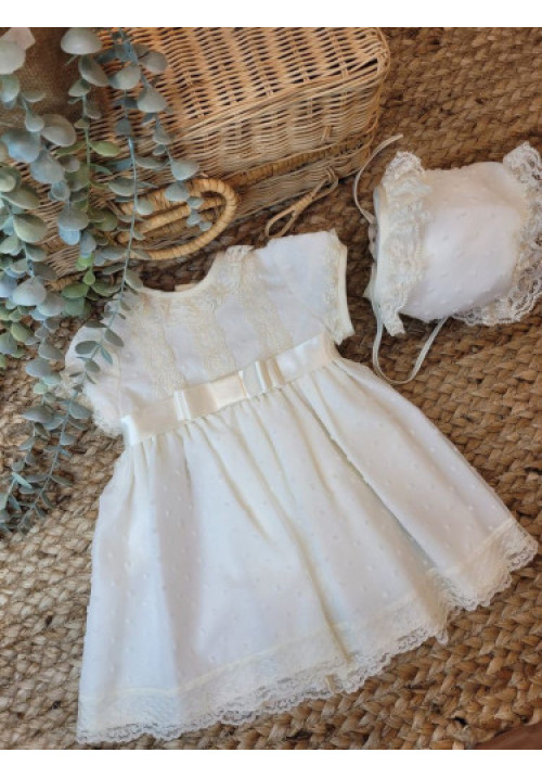 VESTIDO BAUTIZO DE ORGANZA Y PLUMETI CON LAZADA EN RASO Y CAPOTA beige-bco roto