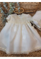 VESTIDO BAUTIZO ORGANZA Y PUNTILLA SEDA MANGA DE FAROL Y CAPOTA beige-bco roto