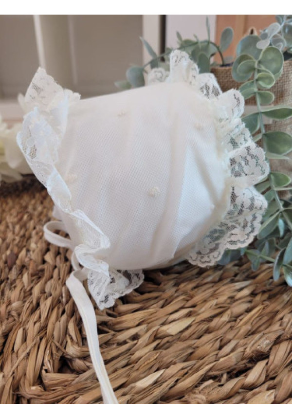 FALDON BAUTIZO TUL BORDADO CON BODOQUE LAZO TUL ROSA CLARO C/ CAPOTA beige y rosa x