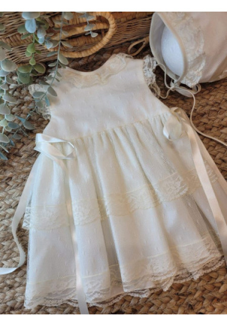 VESTIDO CON CAPOTA BAUTIZO TUL PLUMETI Y PUNTILLA FINA SIN MANGAS beige-bco roto x