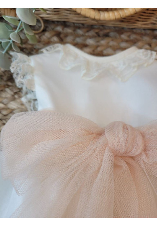 VESTIDO BAUTIZO ORGANZA TUL ROSA PALO SIN MANGAS Y CAPOTA. Lazo rosa