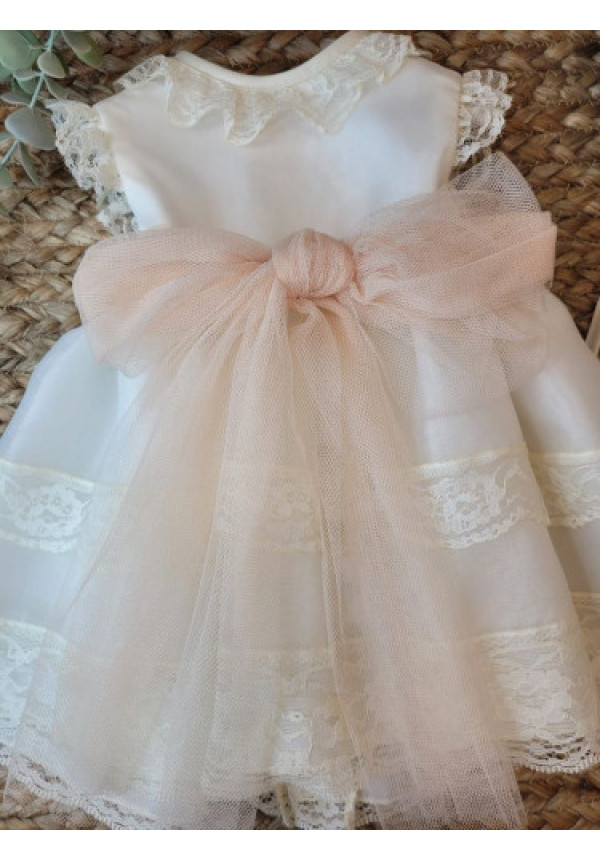 VESTIDO BAUTIZO ORGANZA TUL ROSA PALO SIN MANGAS Y CAPOTA. Lazo rosa