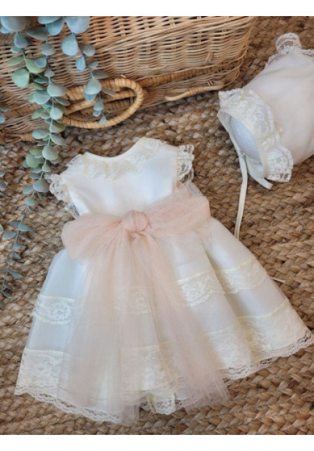 VESTIDO BAUTIZO ORGANZA TUL ROSA PALO SIN MANGAS Y CAPOTA. Lazo rosa