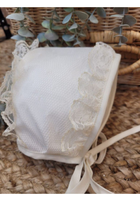 PELELE BAUTIZO TUL PLUMETI CON PUNTILLA MANGA FAROL CON CAPOTA beige-bco roto