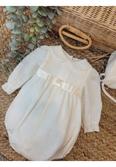 PELELE BAUTIZO LINO MANGA LARGA CON CAPOTA beige-bco roto x
