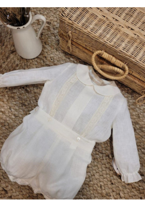 CONJUNTO BEBE CEREMONIA/BAUTIZO MANGA LARGA CRUDO beige-bco roto