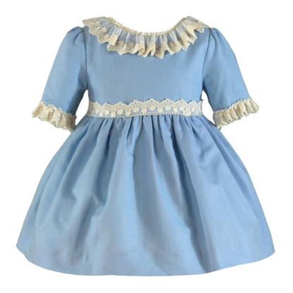 Vestido Infantil Lino Escote Pico Celeste