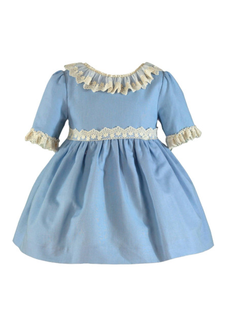 Vestido Infantil Lino Escote Pico Celeste