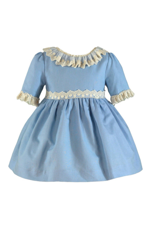Vestido Infantil Lino Escote Pico Celeste
