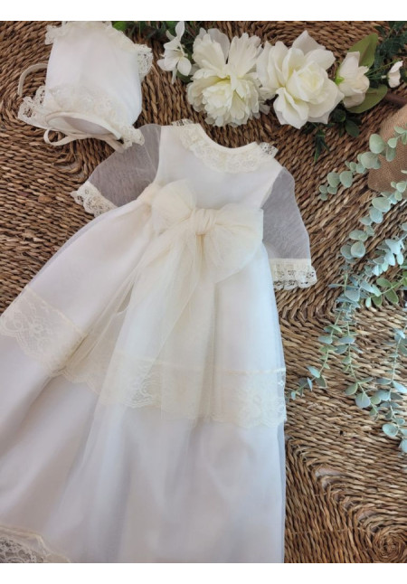 FALDON BAUTIZO ORGANZA MANGA LARGA LAZO TUL BEIGE CON CAPOTA beige x