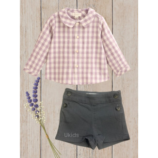 Conjunto Camisa Bebé Niño Cuadros Cuello Redondo Y Short Malva
