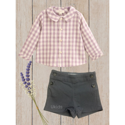 Conjunto Camisa Bebé Niño Cuadros Cuello Redondo Y Short Malva