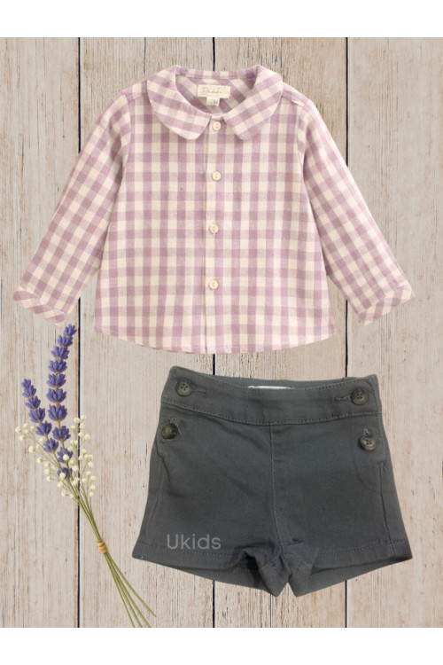 Conjunto Camisa Bebé Niño Cuadros Cuello Redondo Y Short Malva