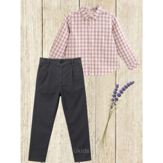 Conjunto Camisa Niño Cuadros Pantalón Gris Chino Malva