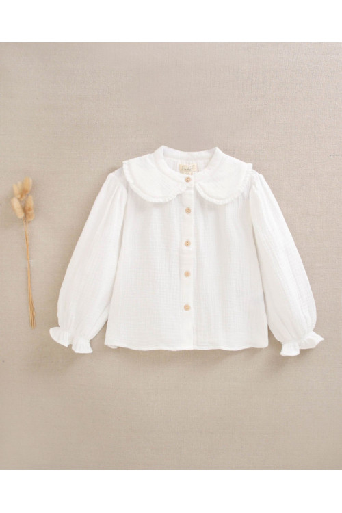 Conjunto Blusa Niña Muselina Blanca Cuello Volante. Falda Morada Morado