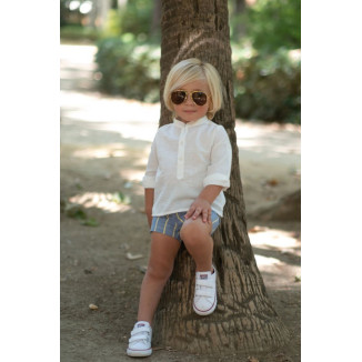 Conjunto camisa niño con pantalon corto rayas anchas azul/amarillo