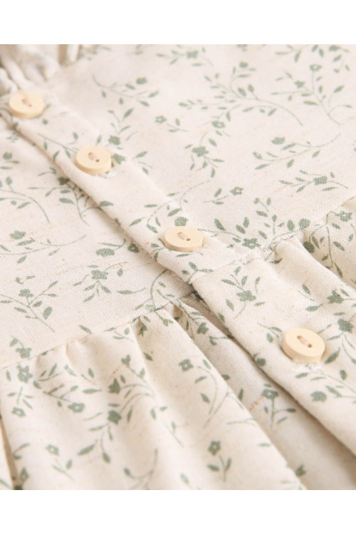 Vestido Bebé Niña Con Estampado Floral Verde Con Volante Cuello. Crudo