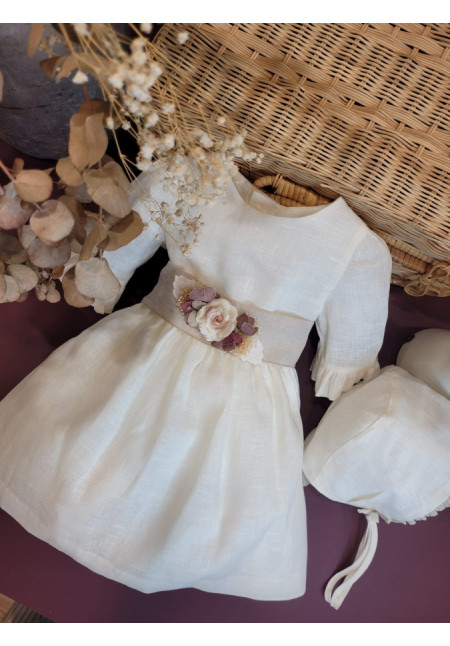 VESTIDO BEBE CEREMONIA LINO CON CAPOTA LAZO ARENA x