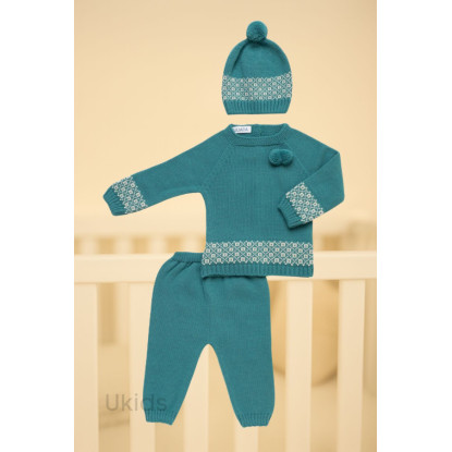 Conjunto 3.P Cenefa 2 Pompones Verde Baltico Crema