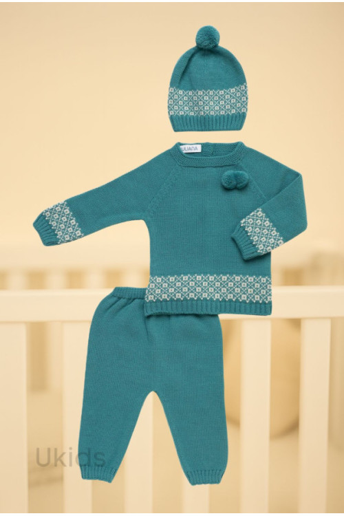 Conjunto 3.P Cenefa 2 Pompones Verde Baltico Crema