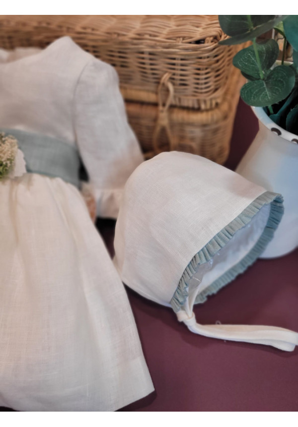 VESTIDO BEBE CEREMONIA LINO CON CAPOTA LAZO VERDE x