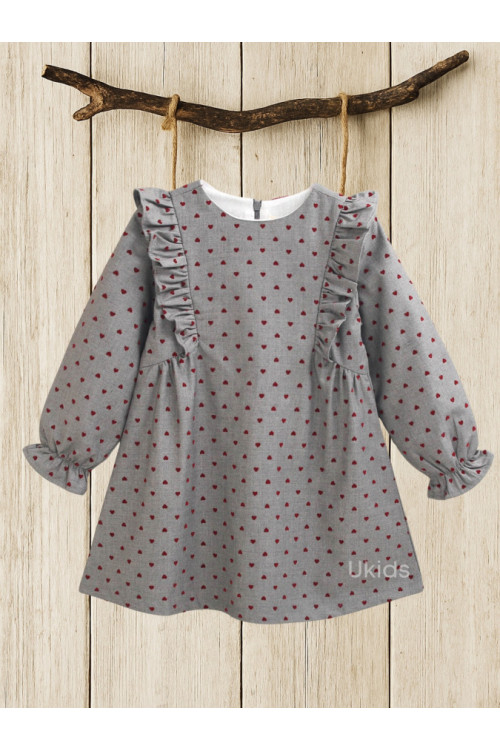 Vestido Niña Estampado Corazón Granate. Color  Gris Oscuro