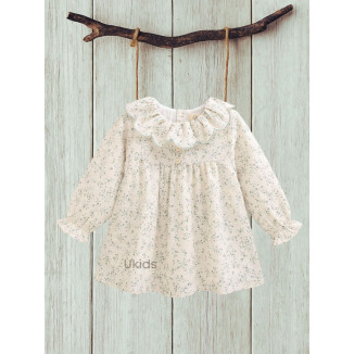 Vestido Bebé Niña Con Estampado Floral Verde Con Volante Cuello. Crudo