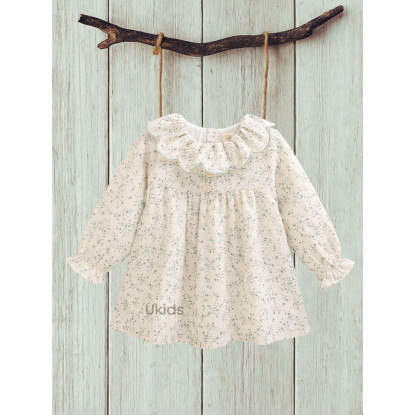 Vestido Bebé Niña Con Estampado Floral Verde Con Volante Cuello. Crudo