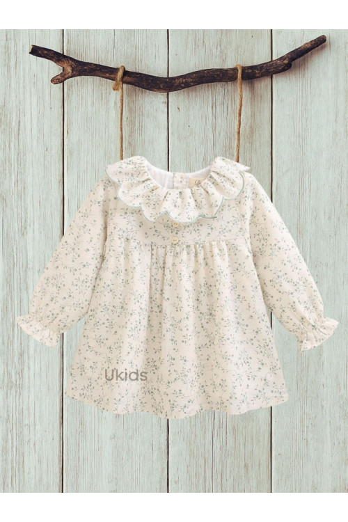 Vestido Bebé Niña Con Estampado Floral Verde Con Volante Cuello. Crudo