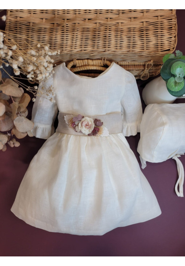 VESTIDO BEBE CEREMONIA LINO CON CAPOTA LAZO ARENA x