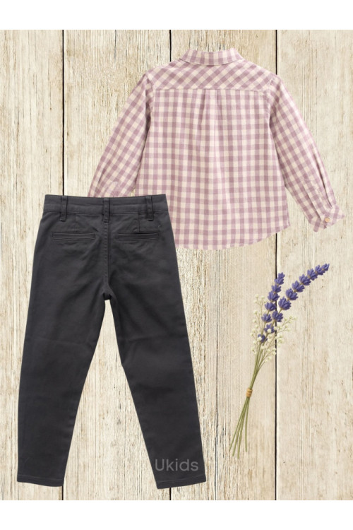 Conjunto Camisa Niño Cuadros Pantalón Gris Chino Malva