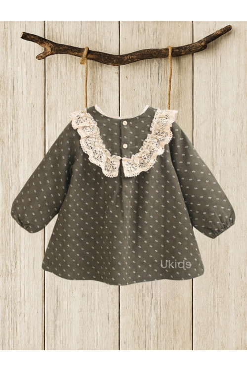 Vestido Bebé Niña Estampado Hojas Y Ganchillo. Verde Oscuro