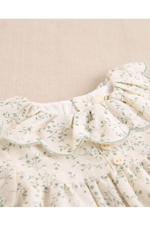 Vestido Bebé Niña Con Estampado Floral Verde Con Volante Cuello. Crudo