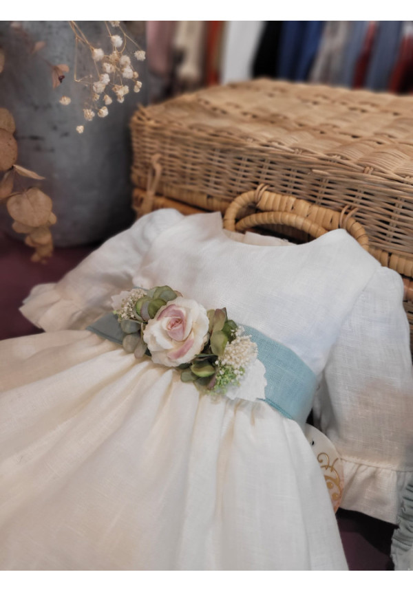 VESTIDO BEBE CEREMONIA LINO CON CAPOTA LAZO VERDE x