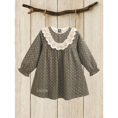 Vestido Niña Estampado Hojas. Verde Oscuro