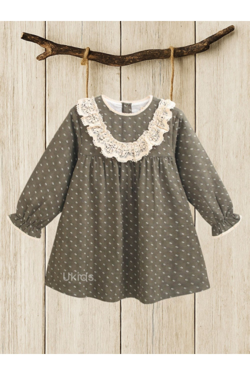 Vestido Niña Estampado Hojas. Verde Oscuro