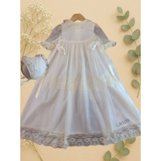 FALDON BAUTIZO TUL PLUMETI MANGA LARGA CON CAPOTA LAZO LATERAL beige x
