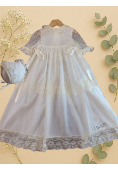 FALDON BAUTIZO TUL PLUMETI MANGA LARGA CON CAPOTA LAZO LATERAL beige x