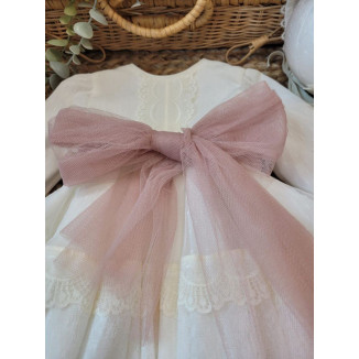 VESTIDO BAUTIZO TUL PLUMETI M/L FAJIN TUL ROSA CON CAPOTA bco roto y rosa x