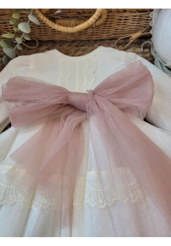 VESTIDO BAUTIZO TUL PLUMETI M/L FAJIN TUL ROSA CON CAPOTA bco roto y rosa x