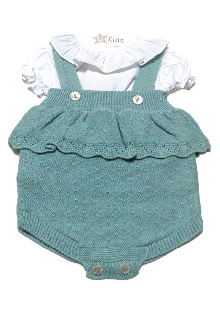 Conjunto Ranita Punto Con Blusa Cuello Volante Verde Empolvado