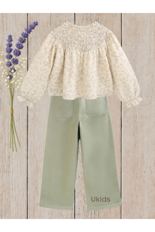 Conjunto Blusa Niña Estampado Florar Y Pantalón  Verde