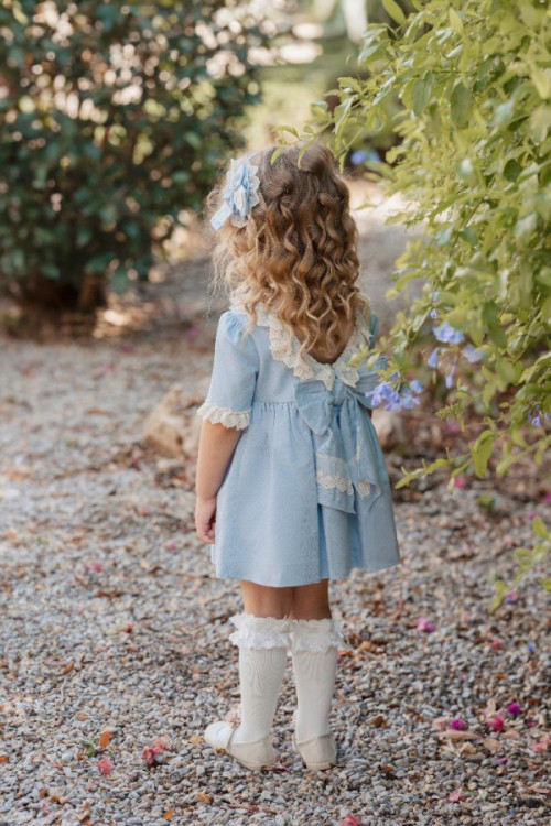 Vestido Infantil Lino Escote Pico Celeste