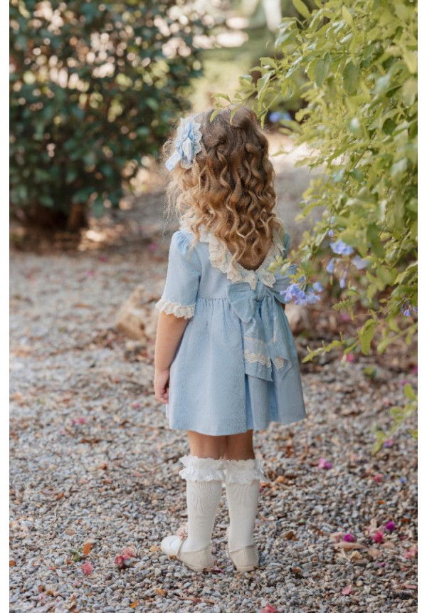 Vestido Infantil Lino Escote Pico Celeste